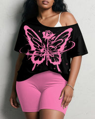 Women's Plus Size Pink Rose Butterfly Print Short Sleeve Shorts Suit