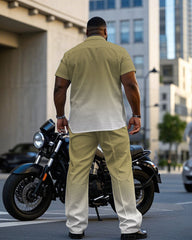 Men's Plus Size Fashion Khaki & White Gradient Short Sleeve Shirt Pants Suit