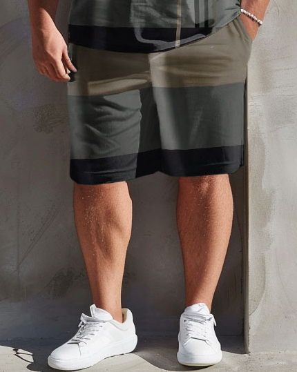 Men's Plus Size Earth Tone Stripe Print T-Shirt Shorts Suit