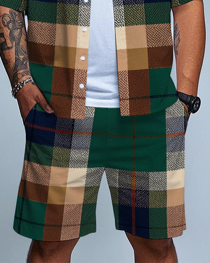 Big Men's Daily Casual Retro Green & Brown Plaid Printed Short Sleeve Shirt and Shorts Set