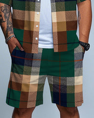 Big Men's Daily Casual Retro Green & Brown Plaid Printed Short Sleeve Shirt and Shorts Set