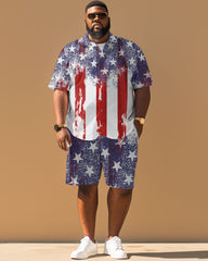 Men's Plus Size Independence Day Flag Splash Ink Stars Print Short Sleeve Shirt Shorts Suit