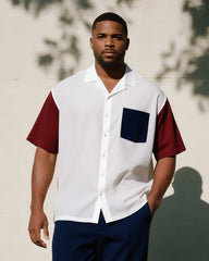 Big & Tall Men's Business Wine Red Blue Colorblock Printed Pocket Short Sleeve Shirt Pants Suit