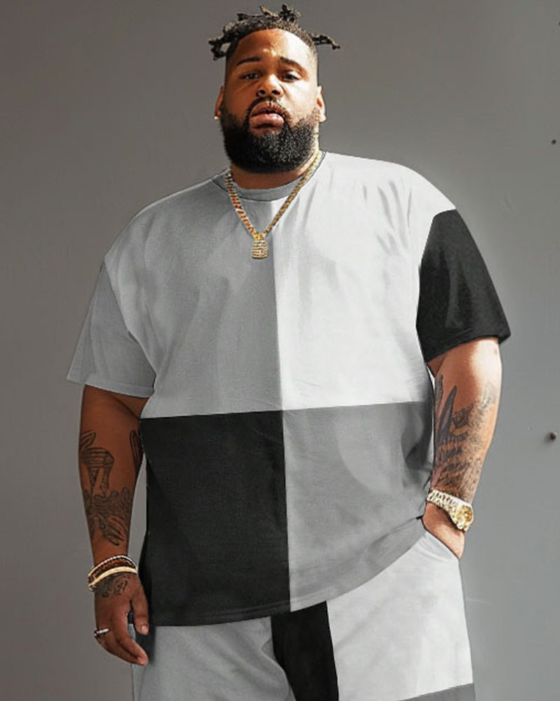 Men's Big and Tall Casual Color Block Printed T-shirt Shorts Set