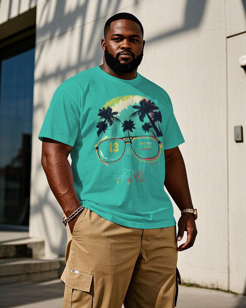 Men's Plus Size Hawaiian Lake Green Skull Chest Print Short Sleeve Tee