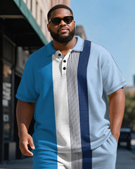 Men's Plus Size Business Blue Stripe Print Short Sleeve Polo Shirt Shorts Suit