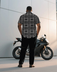 Big & Tall Men's Business Black Jacquard Retro Geometric Pattern Short Sleeve Shirt Pants Suit