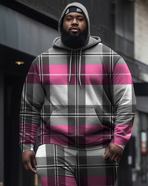 Men's Large Size Pink And Gray Plaid Diamond Casual Hoodie And Sweatpants Two-Piece Set