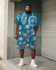 Big & Tall Men's Blue Retro Diamond Floral Print Round Neck Short Sleeve T-Shirt Shorts Suit