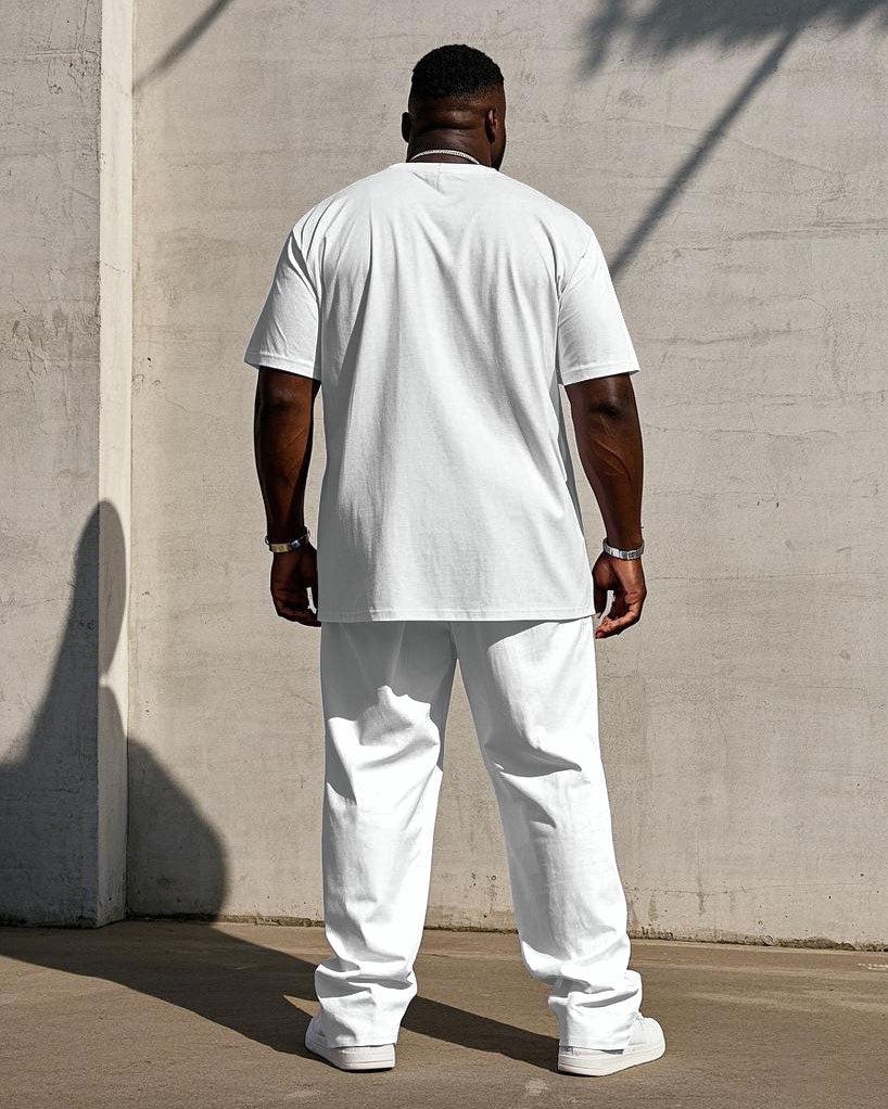Men's Big & Tall White & Khaki Color-block Small Label Printed Short-sleeved T-shirt Trousers Set
