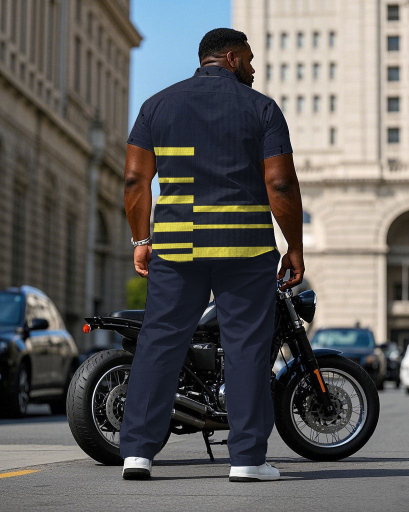 Men's Plus Size Business Royal Blue & Yellow Square Arrangement Short Sleeve Shirt Trousers Suit