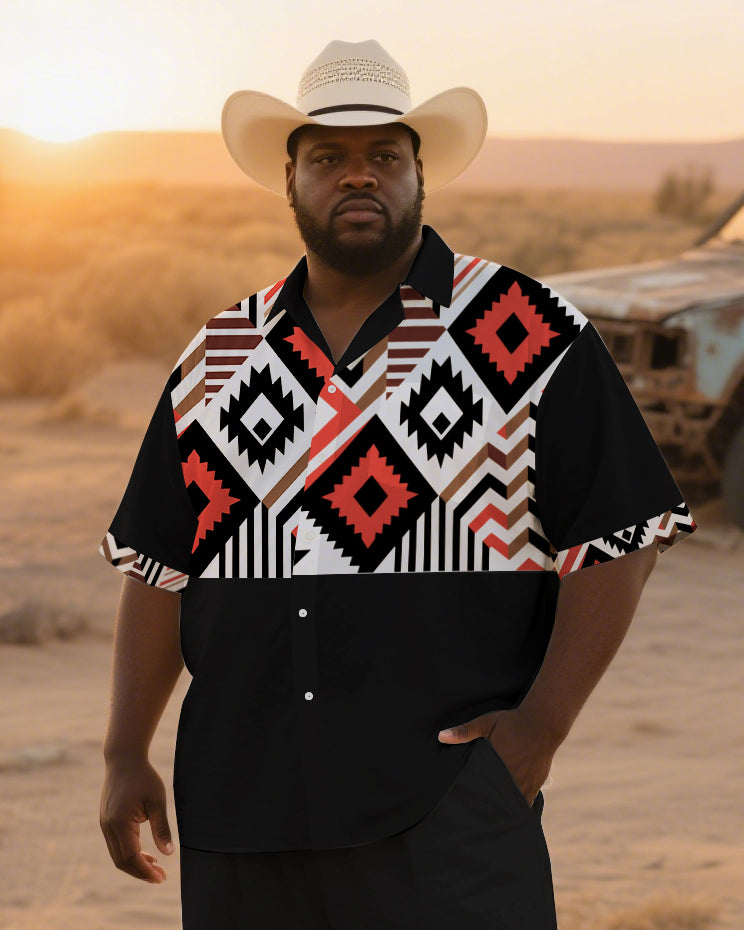 Big Guy's Western Theme Ethnic Pattern Printed Casual Outdoor Short-Sleeve Shirt Pants Sets