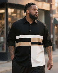Big & Tall Men's Business Black And White Khaki Contrast Geometric Print Long Sleeve Shirt