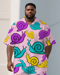 Men's Big Size Casual Cartoon World Snails Printed Streetwear Short-Sleeve Shirt Pants Sets