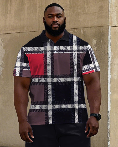 Big Men's Plaid Geometric Pattern Letter Printed Casual Short Sleeve Polo Shirt Shorts Set