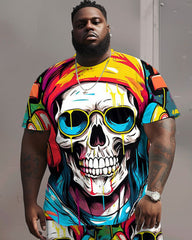 Big Men's Street Fashion Colorful Graffiti Skull Print T-Shirt Shorts Set