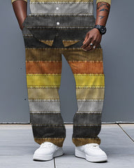 Men's Plus Size Bear Claw Color Block Printing Long Sleeve Shirt Trousers Suit