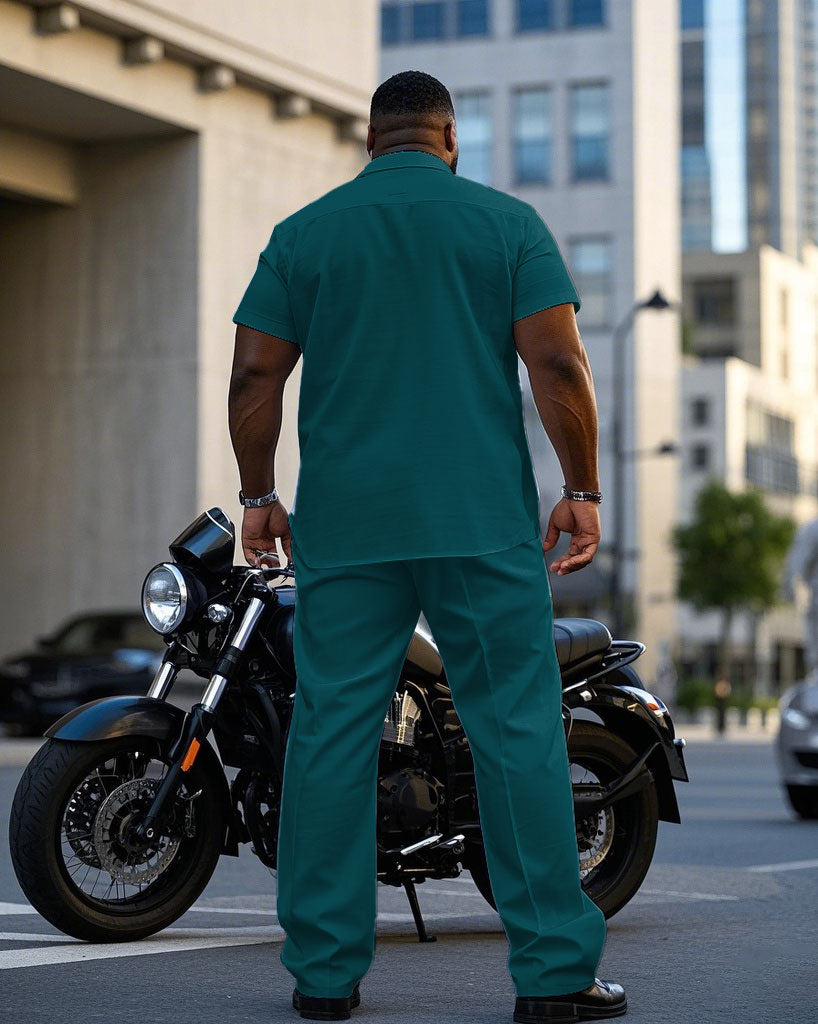 Men's Plus Size Simple Noble Green & Purple Colorblock Short-sleeved Shirt Pants Suit
