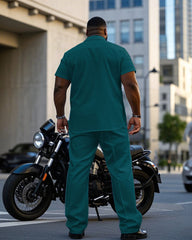 Men's Plus Size Simple Noble Green & Purple Colorblock Short-sleeved Shirt Pants Suit