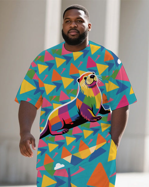 Big Men's Animal Cartoon Triangle Seal Printed Summer Short Sleeve T-shirt Pants Set