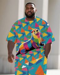 Big Men's Animal Cartoon Triangle Seal Printed Summer Short Sleeve T-shirt Pants Set