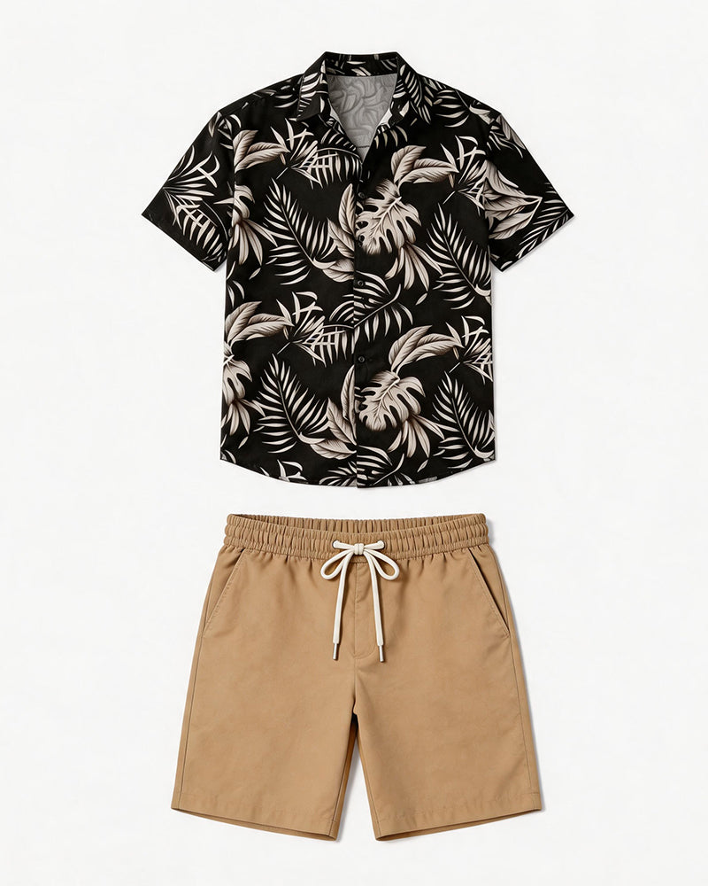 Black Bottom Tropical Palm Leaf Print Short Sleeve Shirt Shorts Holiday Beach Set