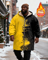 Big & Tall Men's Yellow And Black Dot Contrast Printed Velvet Padded Long Hooded Coat
