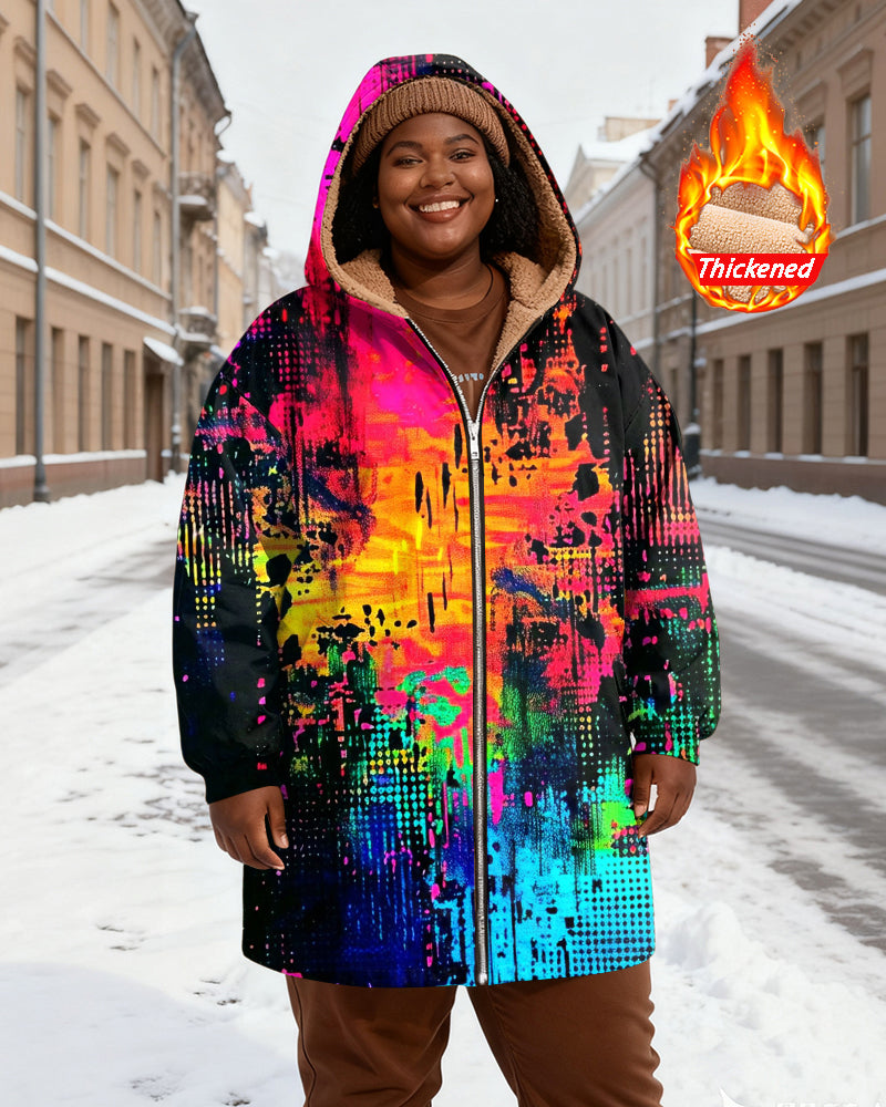Women's Neon Graffiti Print Velvet Thickened Long Hooded Coat