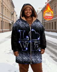 Women's Black Blue And White Sequins LOVE Love Printed Velvet Thickened Long Hooded Coat