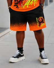 Big & Tall Men’s Flame-Print Jesus Head And Letter Gradient Ombre Crew-Neck Short-Sleeve T-Shirt And Shorts Set