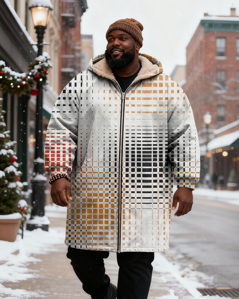 Big & Tall Men's White Brown Black Check Gradient Printed Velvet Padded Long Hooded Coat