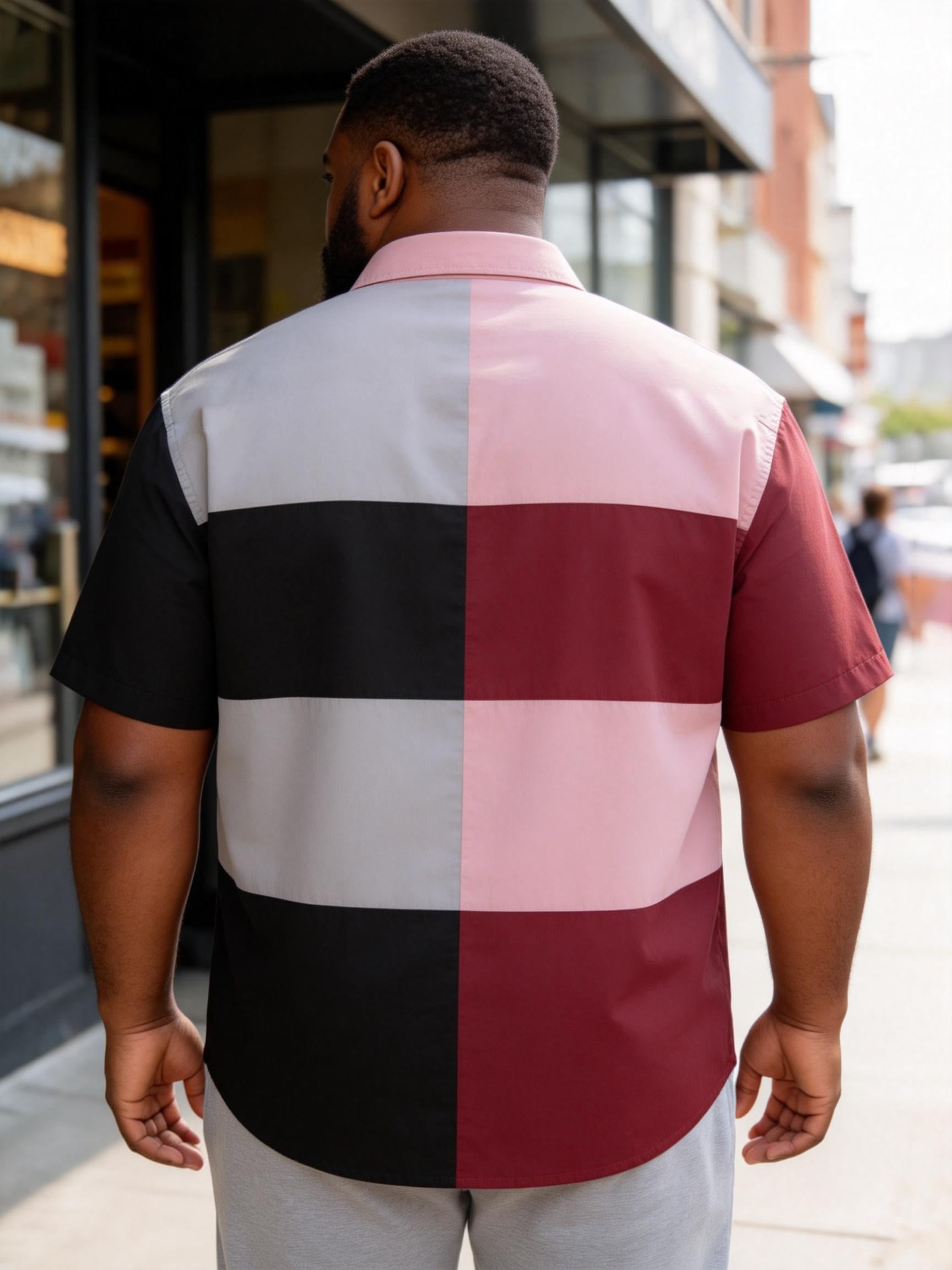 Big & Tall Men's Wine Red Gray Black Striped Printed Short Sleeve Shirt