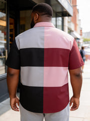 Big & Tall Men's Wine Red Gray Black Striped Printed Short Sleeve Shirt
