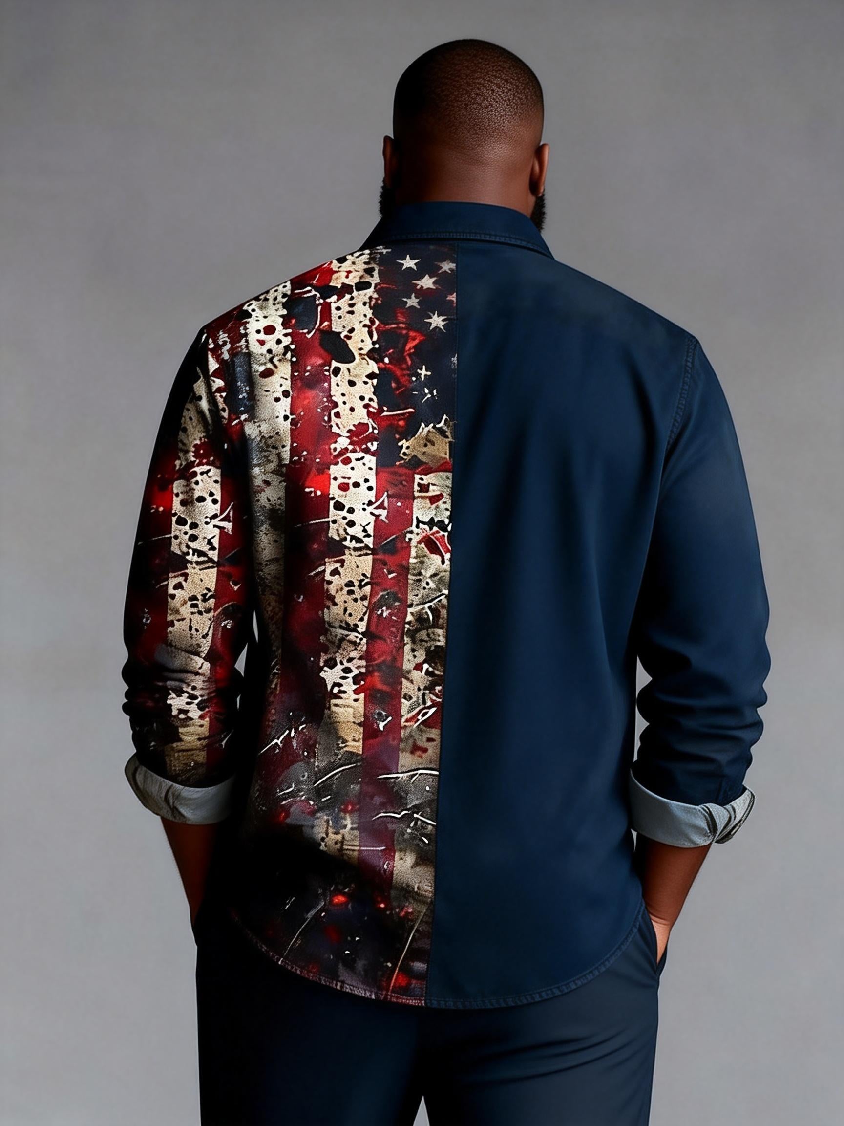 Big & Tall Men's US 250 Anniversary Splash Ink Flag Print Long Sleeve Shirt