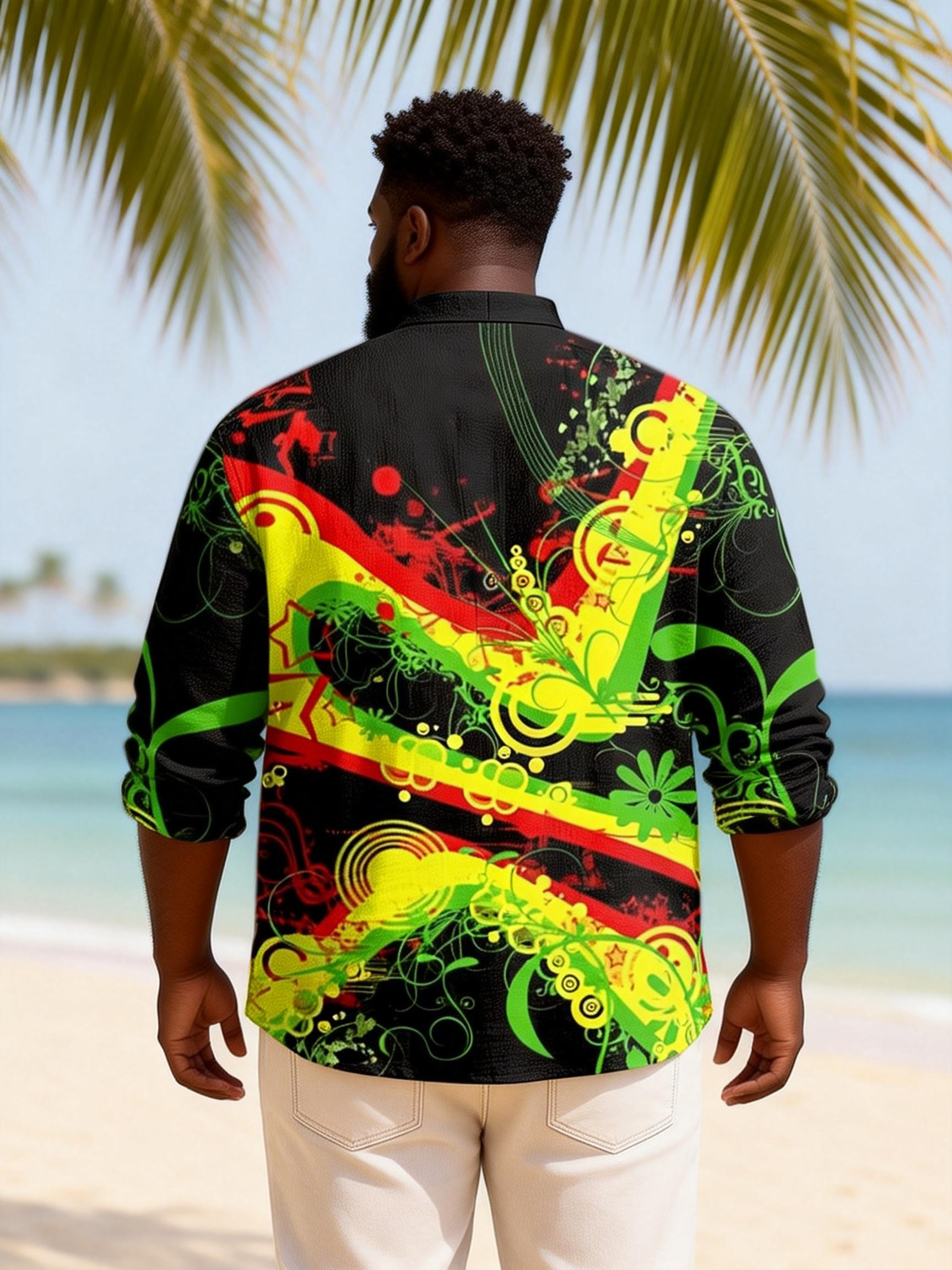 Big & Tall Men's Reggae Splash Ink Graffiti Printed Henry Collar Long Sleeve Shirt