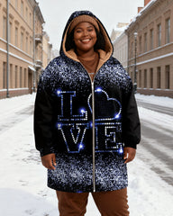 Women's Black Blue And White Sequins LOVE Love Printed Velvet Thickened Long Hooded Coat