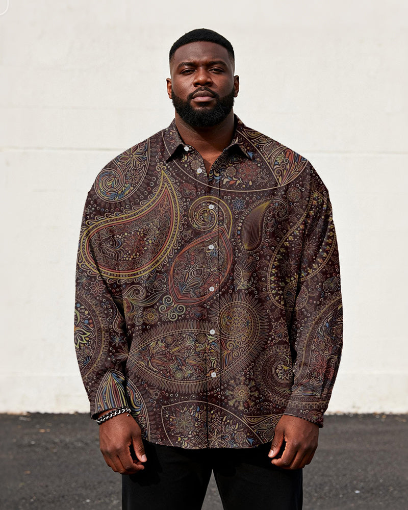 Big & Tall Men's Vintage Paisley Wine Red Print Long Sleeve Shirt