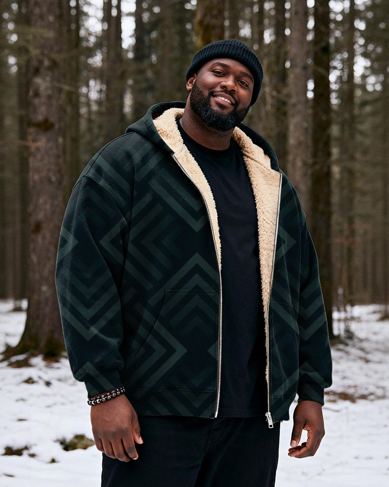 Big & Tall Men's Dark Green Geometric Print Velvet Thickened Zipper Hoodie