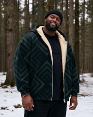 Big & Tall Men's Dark Green Geometric Print Velvet Thickened Zipper Hoodie