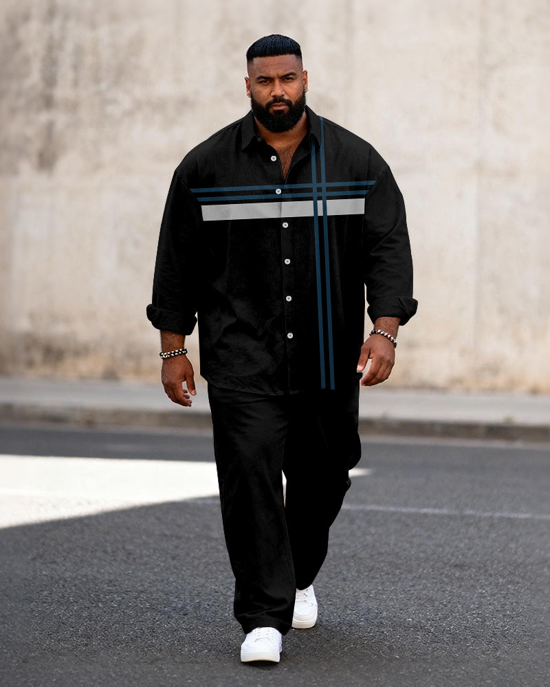 Big & Tall Men's Business Colorblock Striped Print Long Sleeve Shirt Pants Set