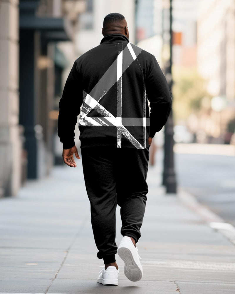 Big & Tall Men's Black And White Geometric Letter Printed POLO Collar Zipper Long Sleeve Pants Two-piece Set