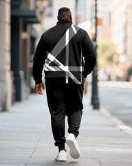 Big & Tall Men's Black And White Geometric Letter Printed POLO Collar Zipper Long Sleeve Pants Two-piece Set