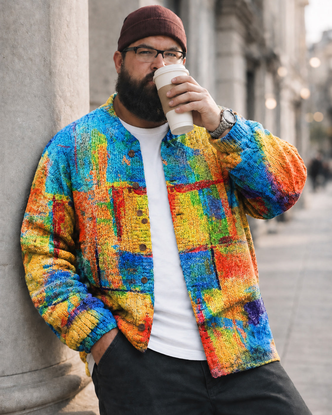 Big & Tall Men's Color-blocking Graffiti Knit Cardigan