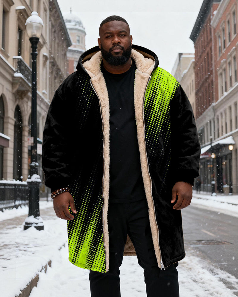 Big & Tall Men's Black And Green Gradient Printed Velvet Padded Long Hooded Coat