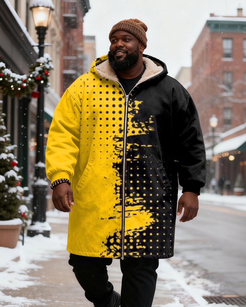 Big & Tall Men's Yellow And Black Dot Contrast Printed Velvet Padded Long Hooded Coat