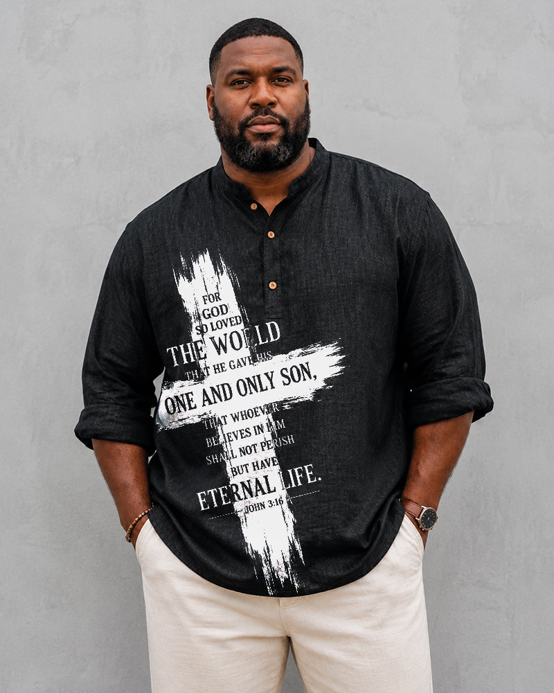 Big & Tall Men's Scripture Cross Print Stand-collar Long-sleeve Shirt
