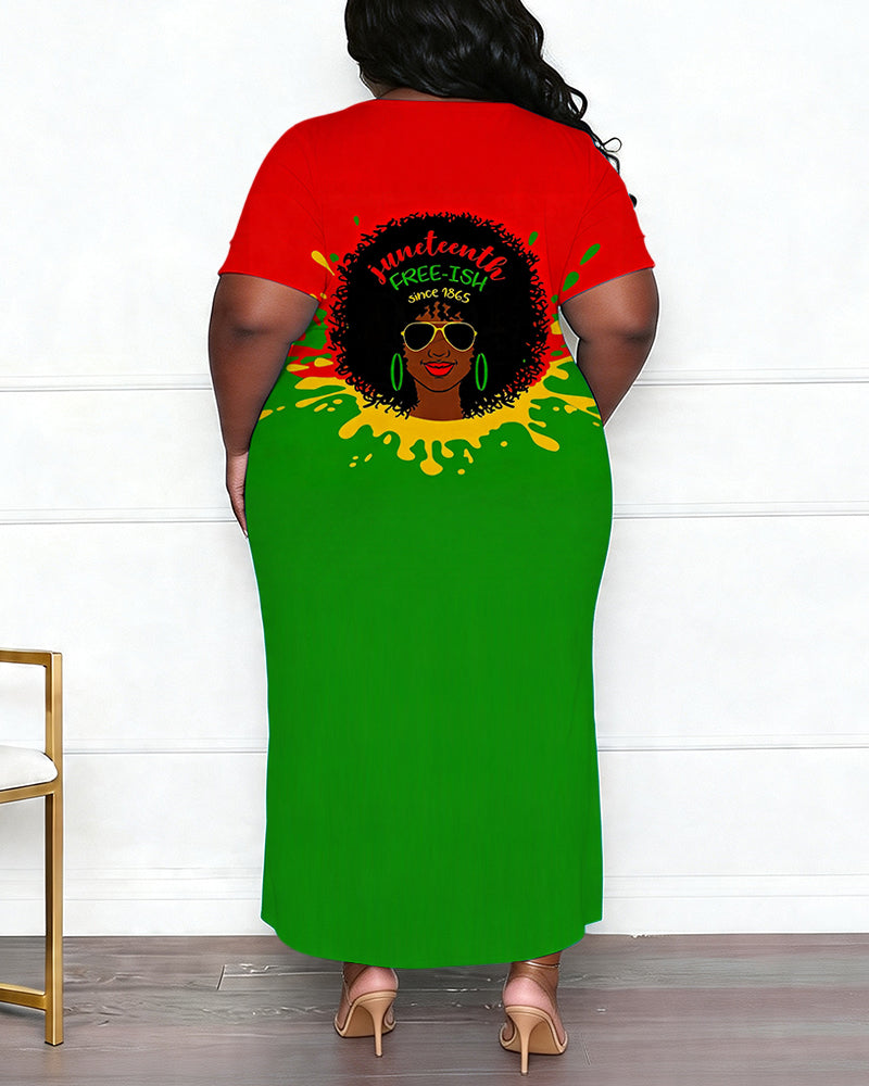 Large Size Women's Juneteenth African Women's Head Color Contrast Side Split Short Sleeve Dress