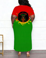 Large Size Women's Juneteenth African Women's Head Color Contrast Side Split Short Sleeve Dress