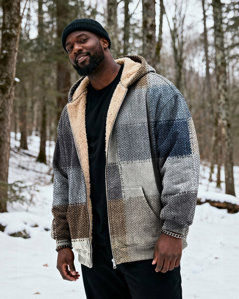 Big & Tall Men's Gray Brown Blue Plaid Stitching Printed Velvet Padded Zipper Hoodie