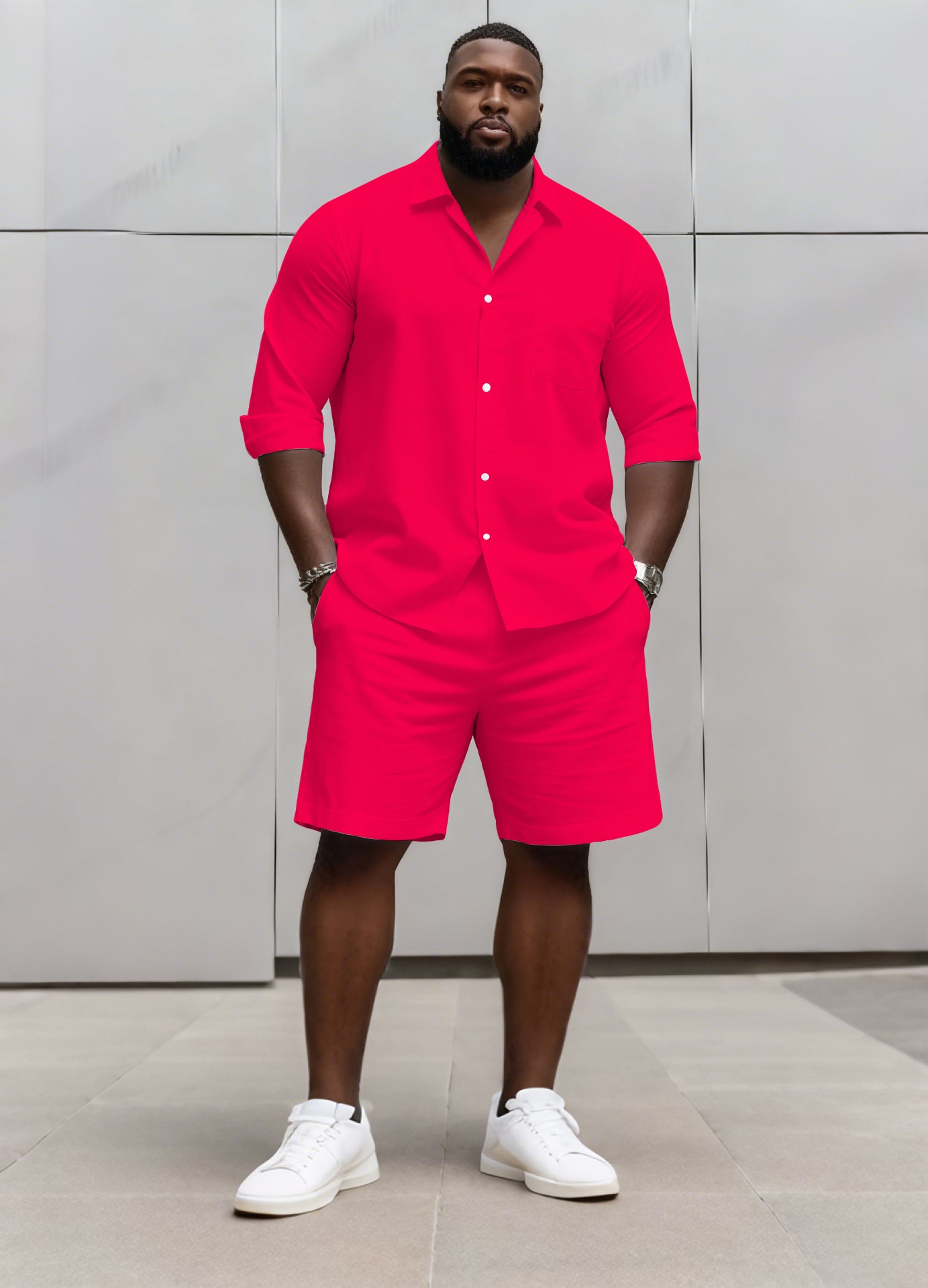 Big & Tall Men's Business Solid Color Long Sleeve Shirt Shorts Set